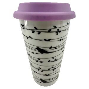 Ciroa Oiseau Coffee Travel Mug W/Lid Bird on a Vine Black and White Unused New